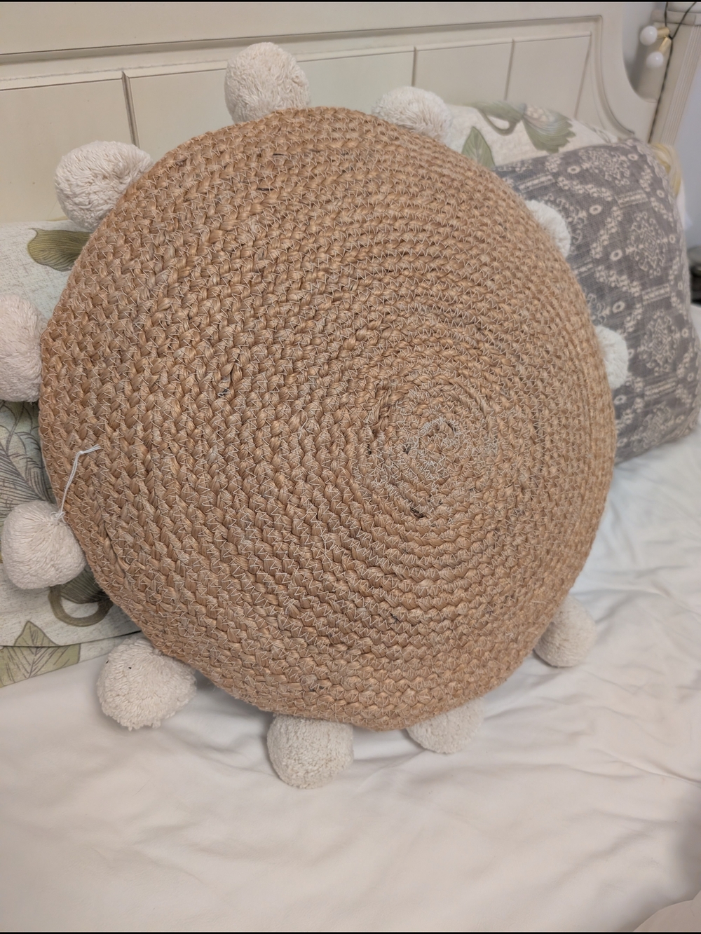 Bohemian Large Round Woven Jute Pillow With Pom Poms - Picture 2 of 13